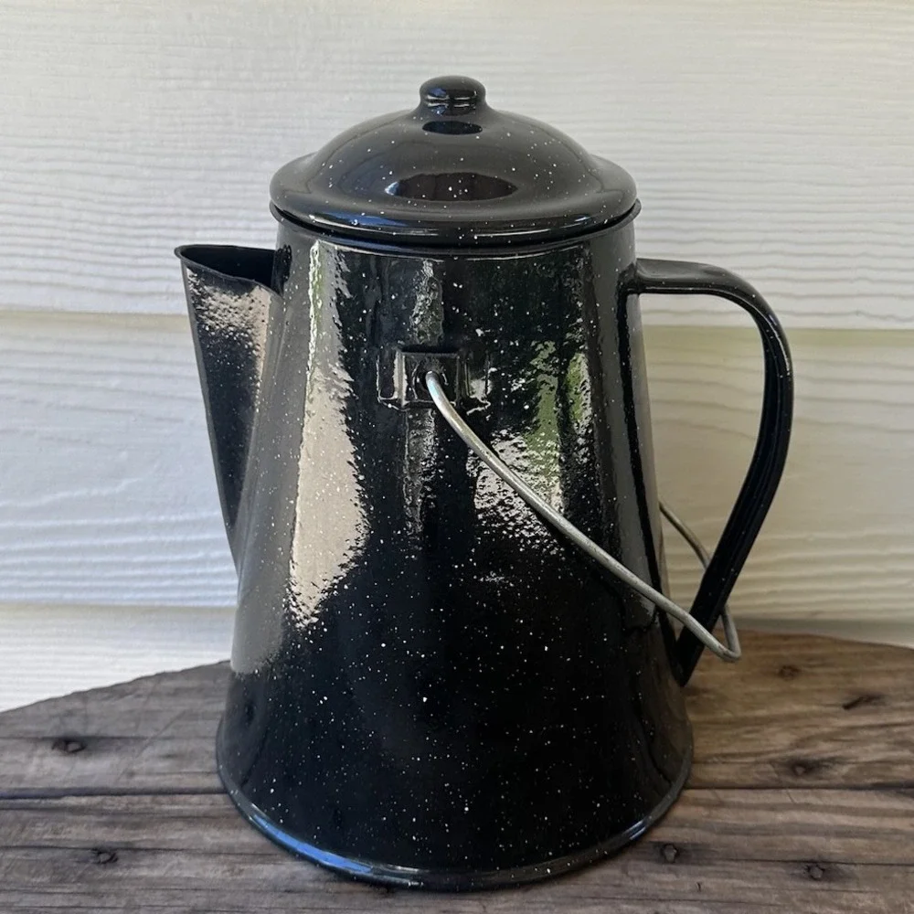 Vintage Black & White Speckled Enamelware Percolator Camping Cowboy Coffee Pot